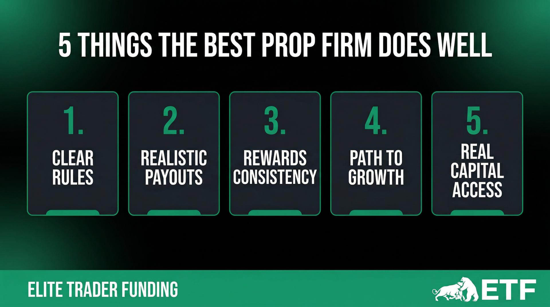5 things to look for in the best prop firm: clear rules, realistic payouts, consistency rewards, growth path, and real capital access