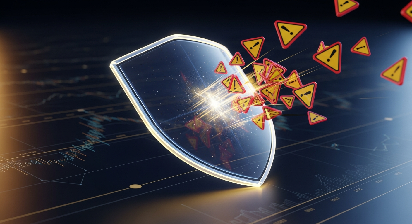 Protective shield deflecting warning symbols over a financial trading dashboard in navy and gold