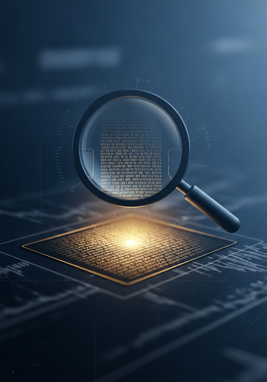 Magnifying glass revealing hidden details in a financial document with golden trust glow