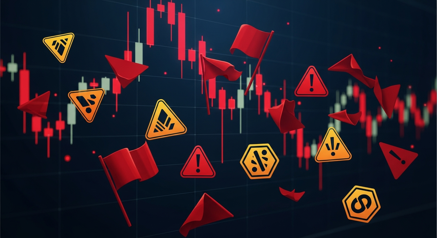 Red warning flags and caution signs across a dark financial trading environment with candlestick charts