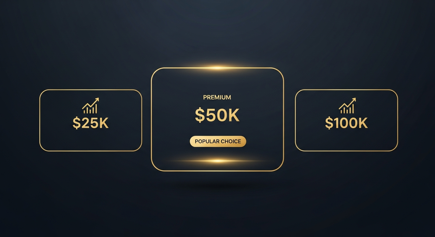 Direct to Funded account tiers showing $25K, $50K popular choice, and $100K options with gold borders on dark navy background