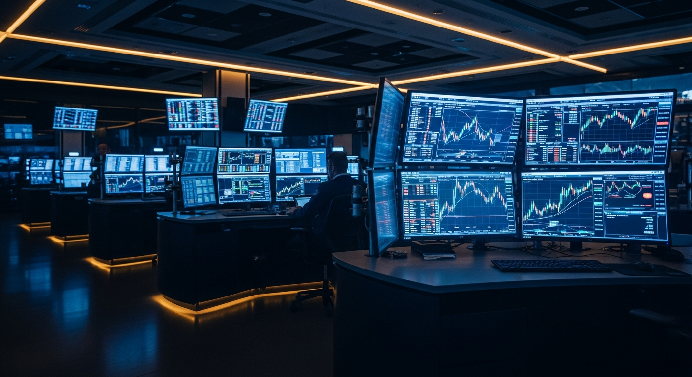 Futures trading floor with glowing screens and candlestick charts in navy and gold tones
