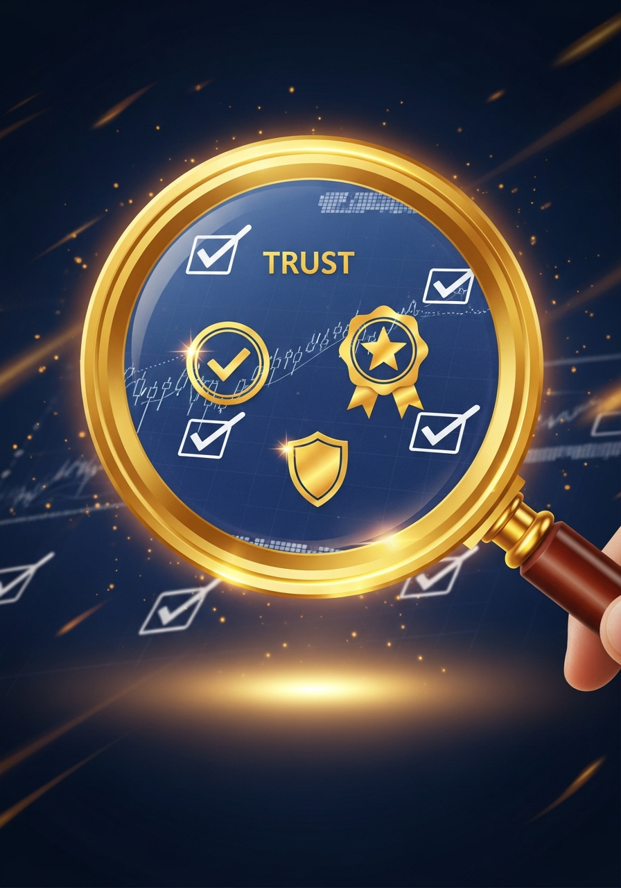 Golden magnifying glass examining trust and verification symbols representing due diligence when choosing a prop firm